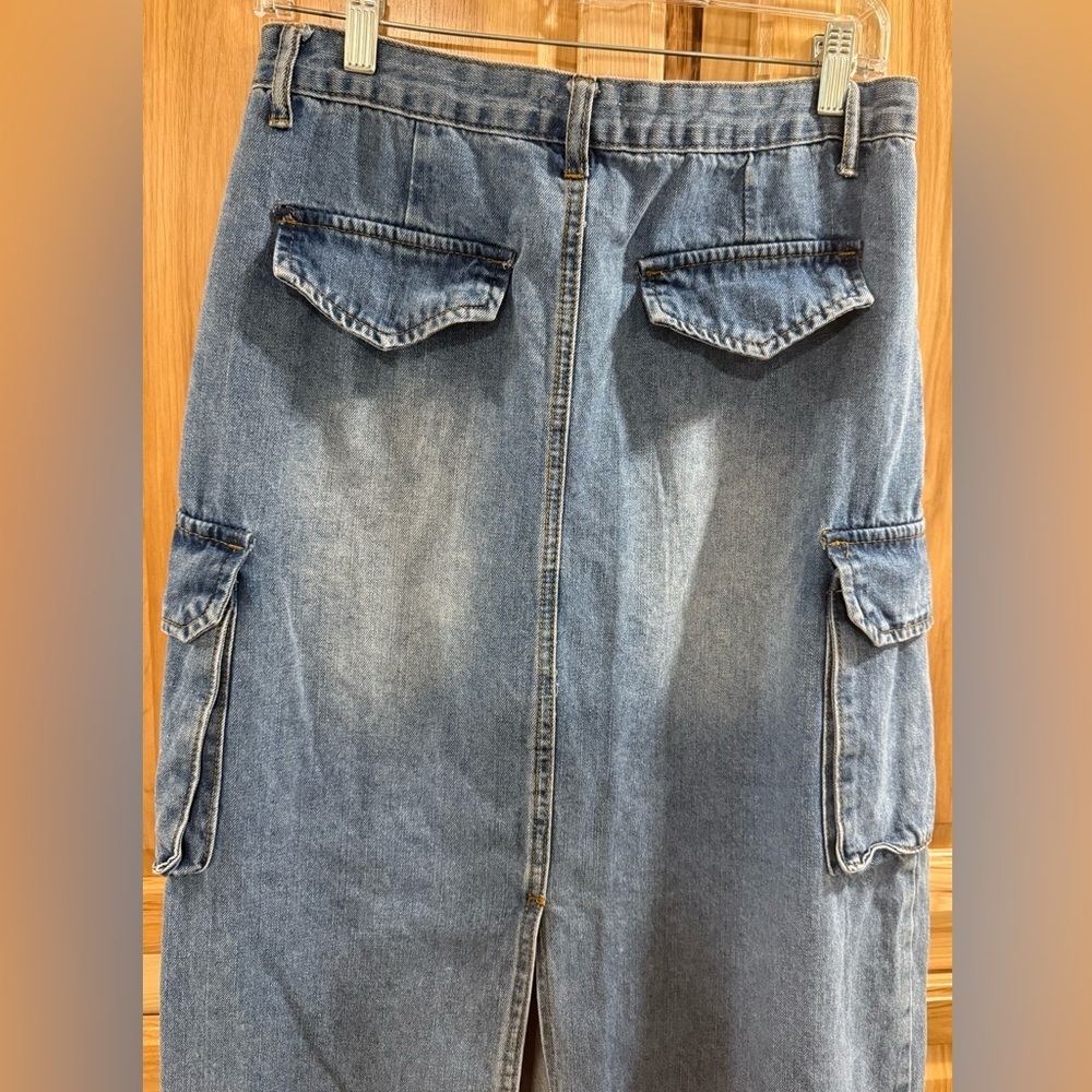 Forever 21 Y2K Classic Blue Denim Capsule Wardrobe Maxi Cargo Back Slit Skirt - Picture 6 of 12